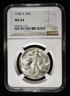 1946-S WALKING LIBERTY HALF DOLLAR NGC MS64. LEADERS IN ON-LINE AUCTIONS ESTIMATE $90 - $130.