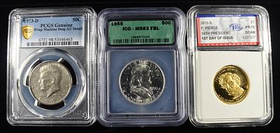 (3) GRADED COINS. 1955 FRANKLIN HALF DOLLAR ICG MS63 FBL, 1973-D KENNEDY HALF DOLLAR PCGS 