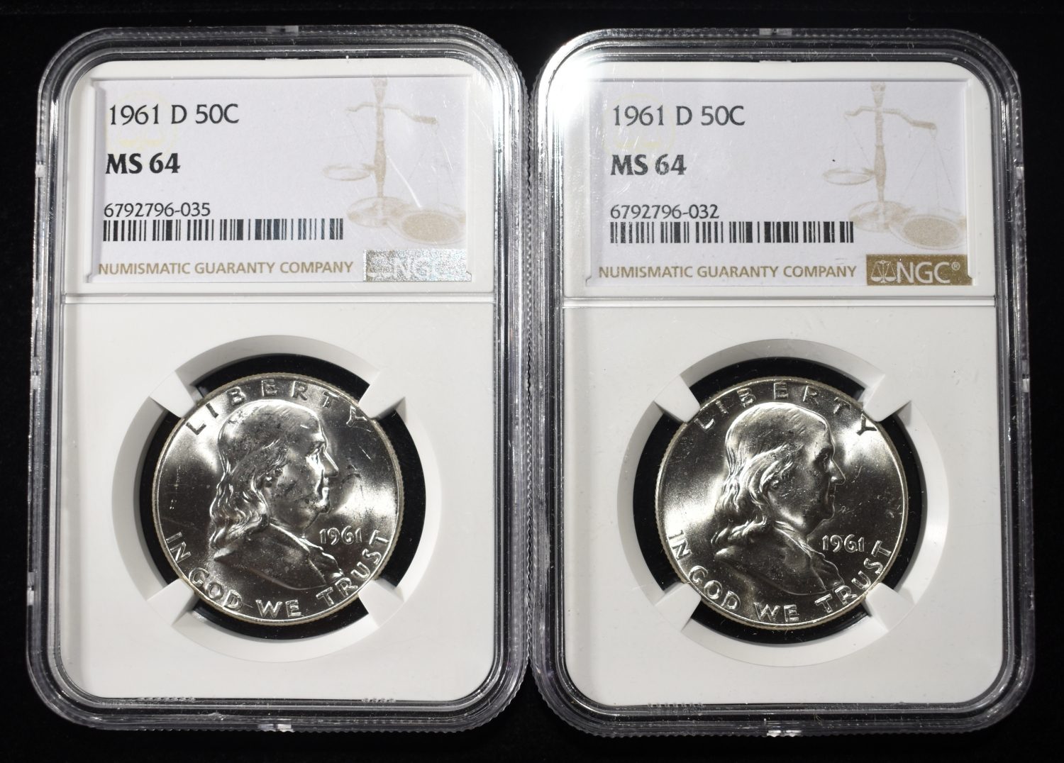 (2) 1961-D FRANKLIN HALF DOLLARS NGC MS64