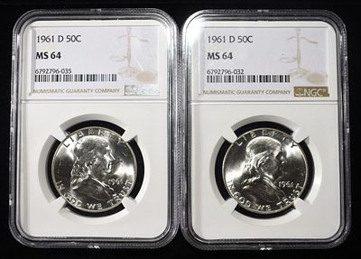 (2) 1961-D FRANKLIN HALF DOLLARS NGC MS64. BID WITH SILVER CITY AUCTIONS ESTIMATE $80 - $120.