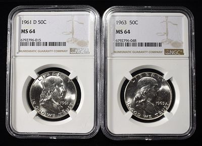 1961-D & 1963 FRANKLIN HALF DOLLARS NGC MS64. CHECK OUT OUR UPCOMING AUCTIONS ESTIMATE $80 - $120.