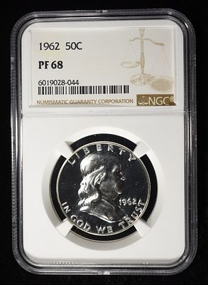 1962 FRANKLIN HALF DOLLAR NGC PF68. BID WITH SILVER CITY AUCTIONS ESTIMATE $120 - $170.