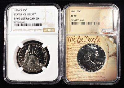 (2) NGC GRADED HALF DOLLARS. 1962 FRANKLIN HALF DOLLAR NGC PF67 & 1986-S COMMEM STATUE OF 