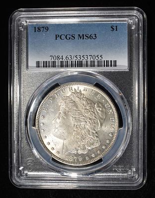1879 MORGAN DOLLAR PCGS MS-63. WEEKLY COIN & CURRENCY AUCTIONS ESTIMATE $150 - $200.