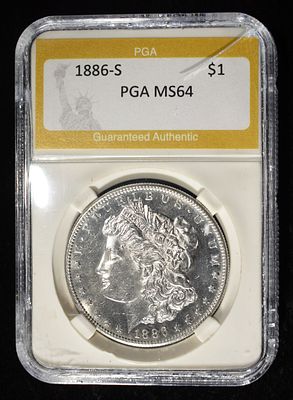 1886-S MORGAN DOLLAR PGA CH/GEM BU. HOLDER DAMAGED ESTIMATE $525 - $575.