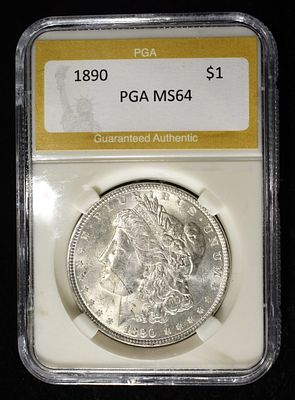 1890 MORGAN DOLLAR PGA CH/GEM BU. LEADERS IN ON-LINE AUCTIONS ESTIMATE $140 - $190.