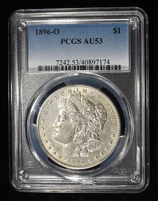 1896-O MORGAN DOLLAR PCGS AU-53. LEADERS IN ON-LINE AUCTIONS ESTIMATE $150 - $200.