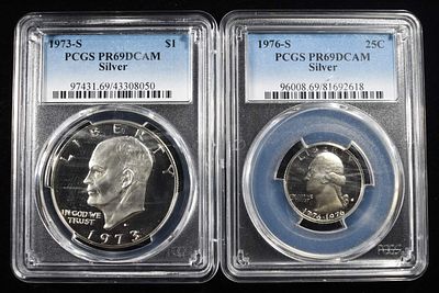 (2) PCGS GRADED SILVER COINS. 1976-S SILVER WASHINGTON QUARTER PCGS PR69DCAM & 1973-S SILVER 