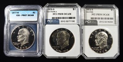 (3) GRADED EISENHOWER DOLLARS. 1974-S SILVER EISENHOWER DOLLAR PCI PERFECT GEM PROOF DCAM 