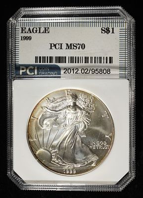 1999 AMERICAN SILVER EAGLE PCI PERFECT GEM BU. LEADERS IN ON-LINE AUCTIONS ESTIMATE $100 - $150.