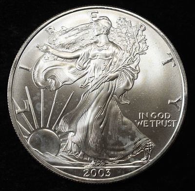 2003 AMERICAN SILVER EAGLE. BID WITH SILVER CITY AUCTIONS ESTIMATE $130 - $180.
