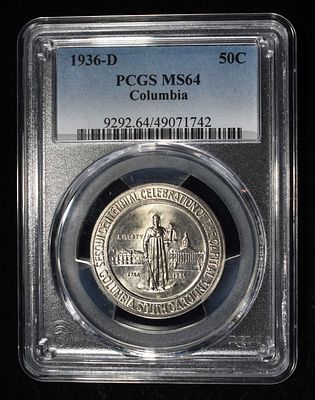 1936-D COLUMBIA COMMEM HALF PCGS MS-64. BID WITH SILVER CITY AUCTIONS ESTIMATE $220 - $250.