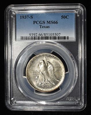 1937-S TEXAS COMMEM HALF DOLLAR PCGS MS-66. CHECK OUT OUR UPCOMING AUCTIONS ESTIMATE $350 - $400.