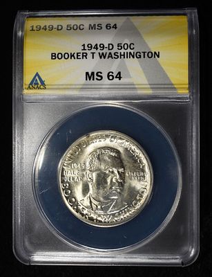 1949-D BOOKER T WASHINGTON COMMEM HALF ANACS MS-64. WEEKLY COIN & CURRENCY AUCTIONS ESTIMATE $80 
