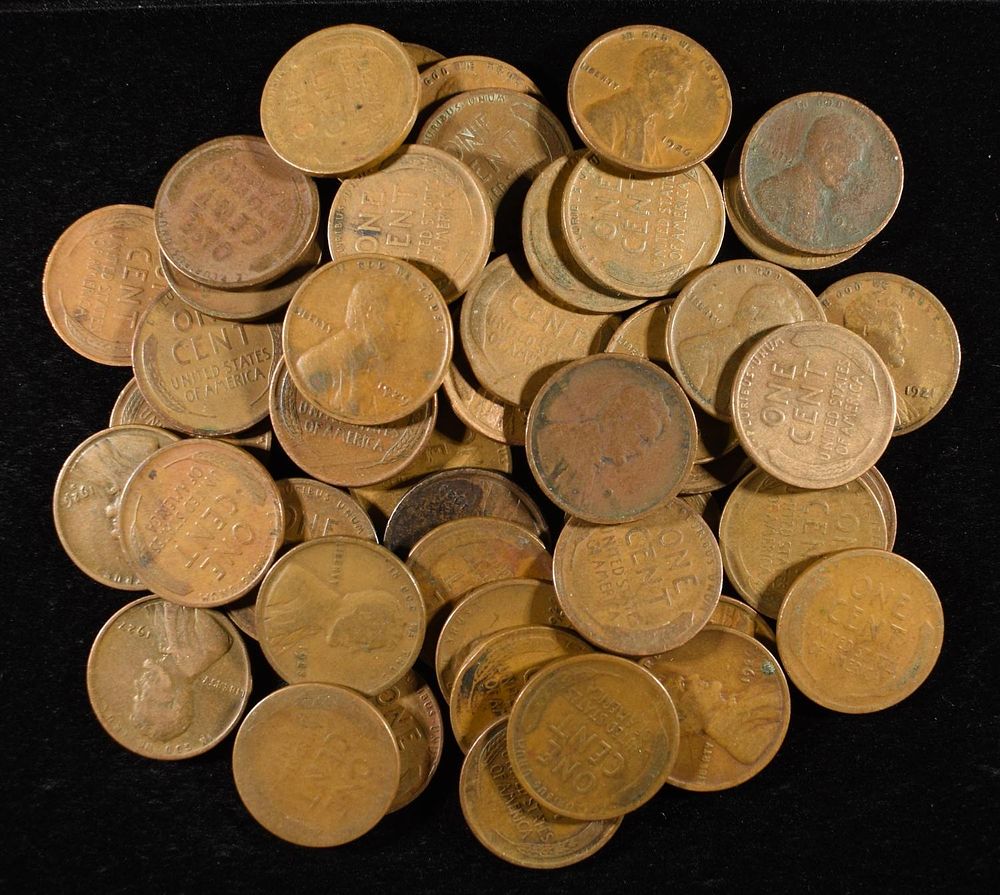 (50) 1920'S WHEAT CENTS. CHECK OUT OUR UPCOMING AUCTIONS ESTIMATE $75 - $100.