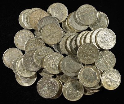 (50) 90% SILVER ROOSEVELT DIMES. WEEKLY COIN & CURRENCY AUCTIONS ESTIMATE $430 - $480.