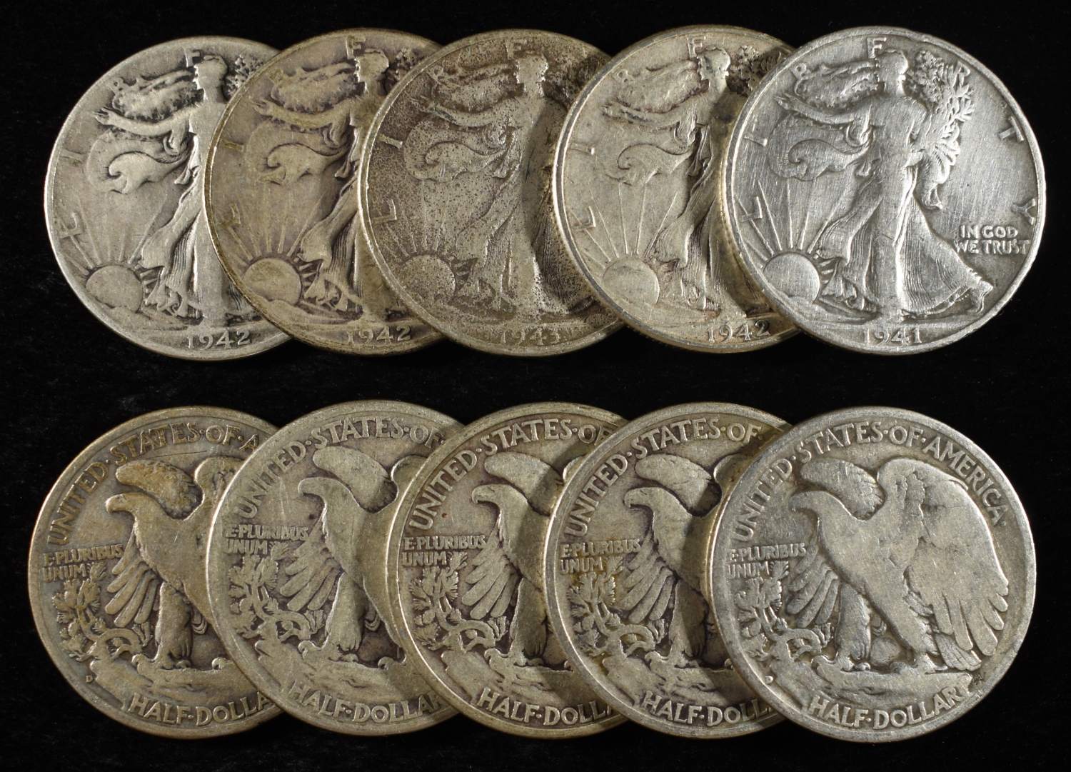 (10) 90% SILVER WALKING LIBERTY HALF DOLLARS