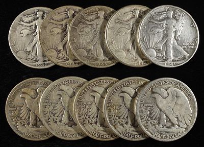 (10) 90% SILVER WALKING LIBERTY HALF DOLLARS. BID WITH SILVER CITY AUCTIONS ESTIMATE $330 - $380.