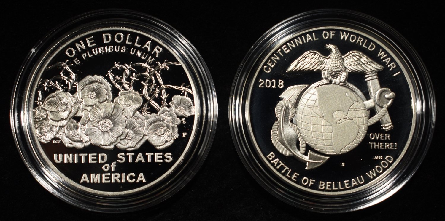 2018 WORLD WAR I SILVER DOLLAR & MARINE CORPS SET