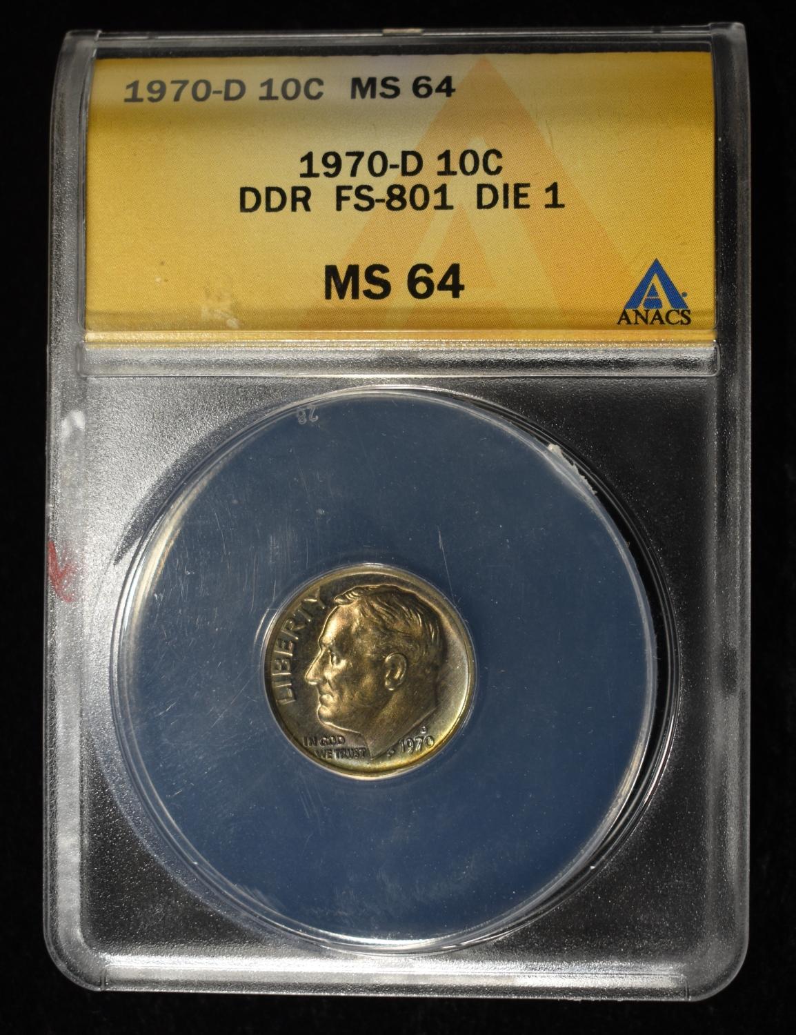 1970-D ROOSEVELT DIME DDR ANACS MS64 FS DIE1