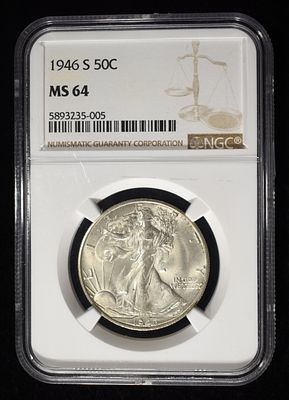 1946-S WALKING LIBERTY HALF DOLLAR NGC MS64. CHECK OUT OUR UPCOMING AUCTIONS ESTIMATE $90 - $130.