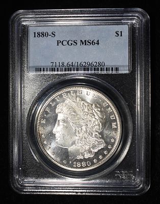 1880-S MORGAN DOLLAR PCGS MS-64. TOP RATED AUCTION HOUSE ESTIMATE $150 - $200.