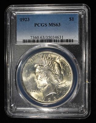 1923 PEACE DOLLAR PCGS MS63. WEEKLY COIN & CURRENCY AUCTIONS ESTIMATE $100 - $150.