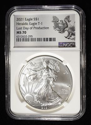 2021 AMERICAN SILVER EAGLE NGC MS70. HERALDIC EAGLE T-1, LAST DAY OF PRODUCTION ESTIMATE $110 - $160.