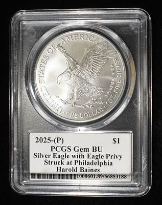 2025-(P) AMERICAN SILVER EAGLE PCGS GEM BU. SILVER EAGLE WITH EAGLE PRIVY, STRUCK AT 