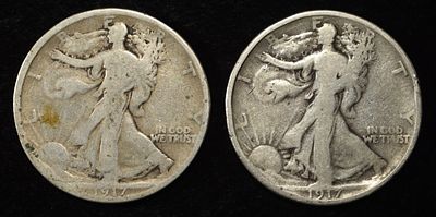(2) 1917-S WALKING LIBERTY HALF DOLLARS. WEEKLY COIN & CURRENCY AUCTIONS ESTIMATE $90 - $130.