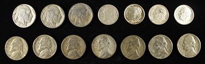 (3) BUFFALO, (7) WAR NICKELS & (4) ROOSEVELT DIMES. BID WITH SILVER CITY AUCTIONS ESTIMATE $60 - $80.