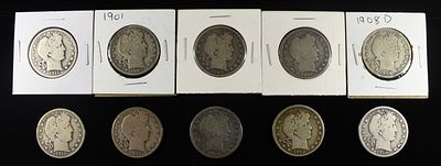 (10) BARBER HALF DOLLARS 90% SILVER. WEEKLY COIN & CURRENCY AUCTIONS ESTIMATE $350 - $400.