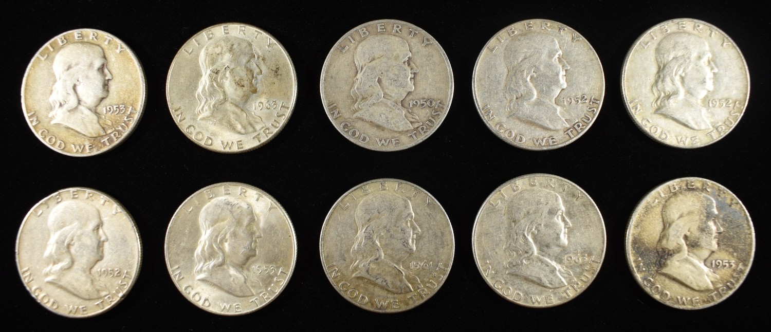 (10) 90% SILVER FRANKLIN HALF DOLLARS