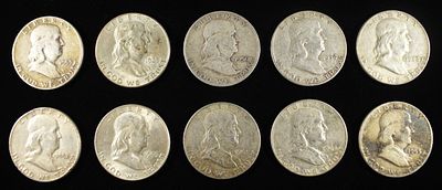 (10) 90% SILVER FRANKLIN HALF DOLLARS. BID WITH SILVER CITY AUCTIONS ESTIMATE $340 - $390.