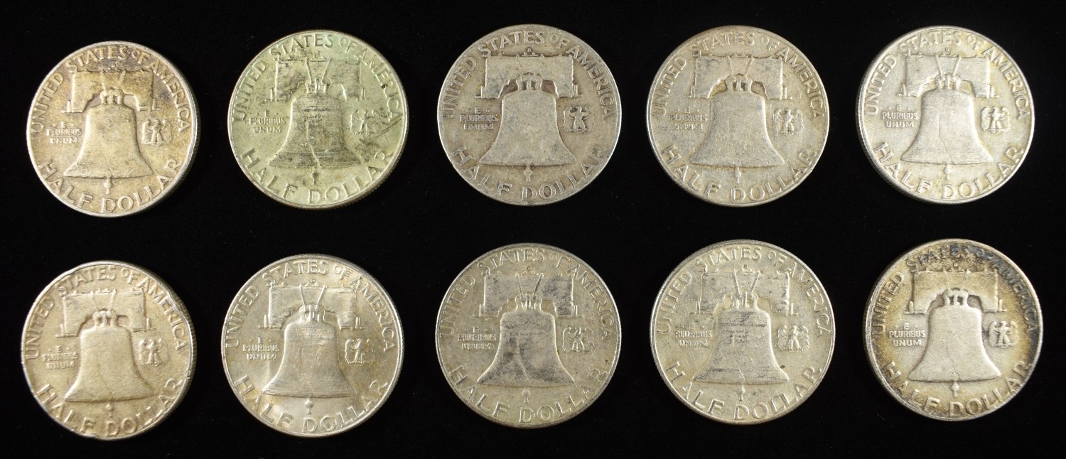 (10) 90% SILVER FRANKLIN HALF DOLLARS