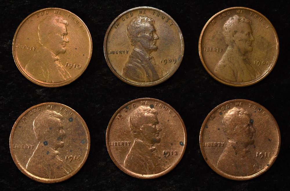 (6) WHEAT CENTS. 1910 WHEAT CENT VF, 1914 WHEAT CENT FINE, 1909 WHEAT CENT FINE, 1909 VDB WHEAT 