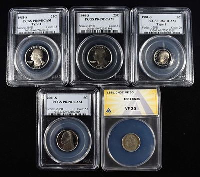(5) GRADED COIN LOTS. 1881 3-CENT NICKEL ANACS VF30, 2001-S JEFFERSON NICKEL PCGS PR69DCAM 