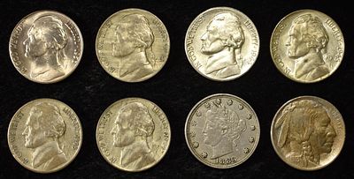JEFFERSON, 'V', BUFFALO & (5) WAR NICKELS. 1950-D JEFFERSON NICKEL BU, 1883 'V' NICKEL NC XF/AU 
