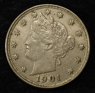 1901 'V' NICKEL AU/BU. BID WITH SILVER CITY AUCTIONS ESTIMATE $75 - $100.
