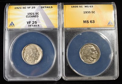(2) ANACS BUFFALO NICKELS. 1921 BUFFALO NICKEL ANACS VF25 CLEANED DETAILS & 1935 BUFFALO NICKEL 