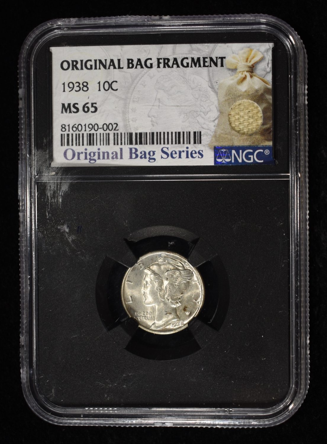 1938 MERCURY DIME NGC MS65 ORIGINAL BAG FRAGMENT