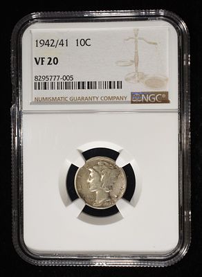 1942/41 MERCURY DIME NGC VF20. CASE DAMAGED ESTIMATE $525 - $625.
