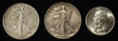 (2) WALKING LIBERTY 50C & WASHINGTON QUARTER. 1939 WALKING LIBERTY HALF DOLLAR VF, 1943 WALKING 