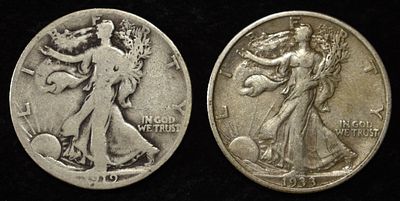 1919-S & 1933-S WALKING LIBERTY HALF DOLLARS. LEADERS IN ON-LINE AUCTIONS ESTIMATE $80 - $120.