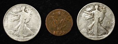 COLLECTORS LOT. 1734 NETHERLANDS EAST INDIES 1 DUIT VF & 1937-D & 1938 WALKING LIBERTY HALF 