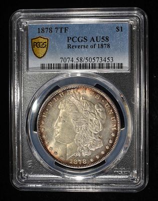 1878 7TF REV. 78 MORGAN DOLLAR PCGS AU-58. LEADERS IN ON-LINE AUCTIONS ESTIMATE $100 - $130.