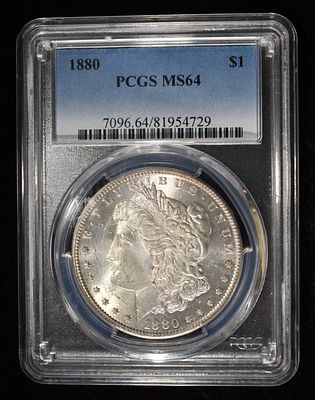 1880 MORGAN DOLLAR PCGS MS-64. BID WITH SILVER CITY AUCTIONS ESTIMATE $150 - $200.
