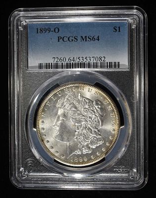 1899-O MORGAN DOLLAR PCGS MS-64. LEADERS IN ON-LINE AUCTIONS ESTIMATE $150 - $200.
