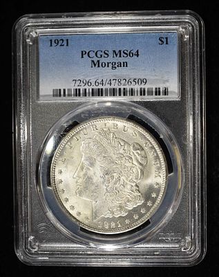 1921 MORGAN DOLLAR PCGS MS64. BID WITH SILVER CITY AUCTIONS ESTIMATE $120 - $170.
