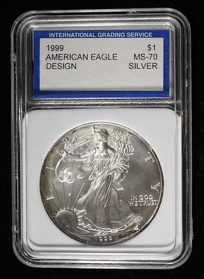 1999 AMERICAN SILVER EAGLE IGS PERFECT GEM BU. TOP RATED AUCTION HOUSE ESTIMATE $110 - $160.